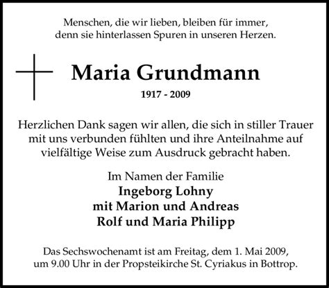 Traueranzeigen Von Maria Grundmann Trauer In NRW De