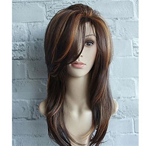 Long Layered Shoulder Length Brown With Camel Color Highlight Wig Synthetic Hair Fiber Highlight