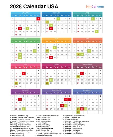 2028 Calendar USA - bimCal