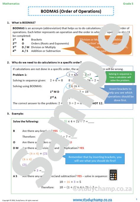 Grade 5 Mathematics Worksheet Bodmas