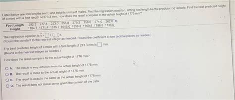 Solved Listed Below Are Foot Lengths Mm And Heights Mm Off