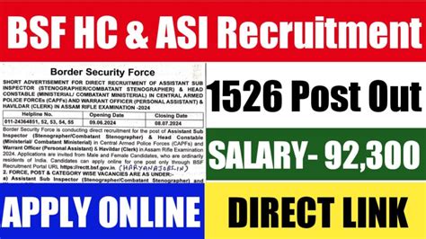 BSF HC ASI Recruitment 2024 Apply Online Fees Salary Eligibility