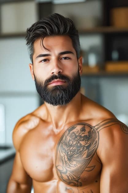 A Shirtless Man With A Beard And A Tattoo On His Arm Premium Ai Generated Image