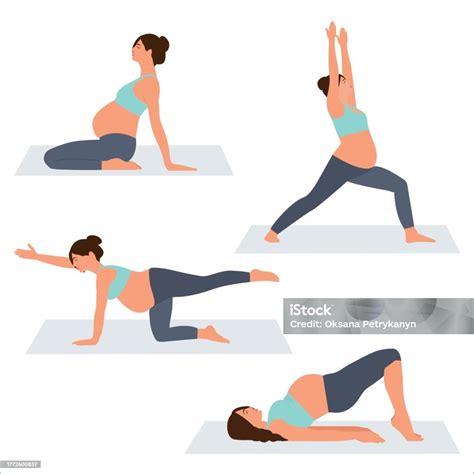 Set Of Yoga Poses For Pregnant Women Stock Illustration Download Image Now Abdomen Active