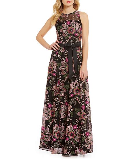 Tahari Asl Sleeveless Floral Embroidered Mesh Gown Dillards