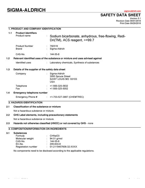 Sodium Bicarbonate Sds Sigma Aldrich Sigma Aldrich Safety Data Sheet Version 5 1 Revision