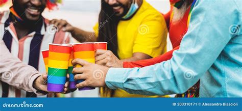 Happy Multiracial People Cheering And Drinking Cocktails In Gay Pride Festival Event During