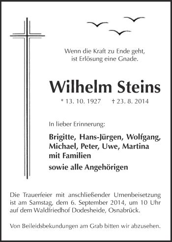 Traueranzeigen Von Wilhelm Steins Noz Trauerportal