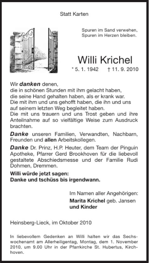 Traueranzeigen Von Willi Krichel Aachen Gedenkt