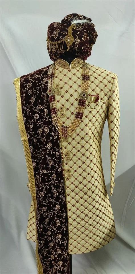 Traditional Groom Wedding Embroidered Sherwani Light Yellow And Maroon