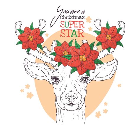 Hand Drawn Portrait Of Deer With Christmas Flowers Vector