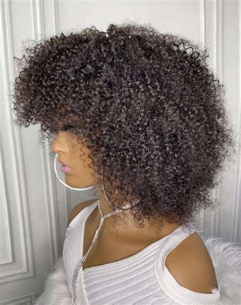 Peruca De Cabelo Humano Curto Afro Encaracolado Franja Seixal