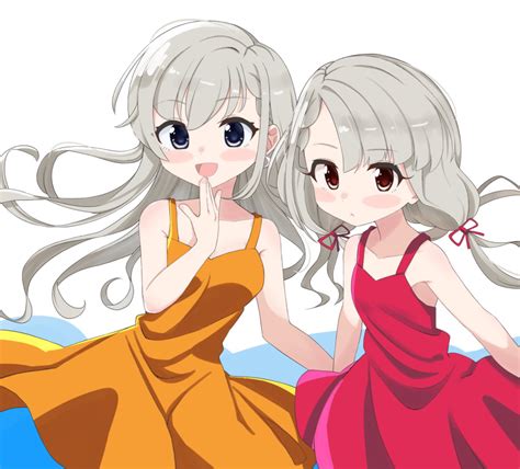 Safebooru 2girls D Bangs Bare Arms Bare Shoulders Blue Background