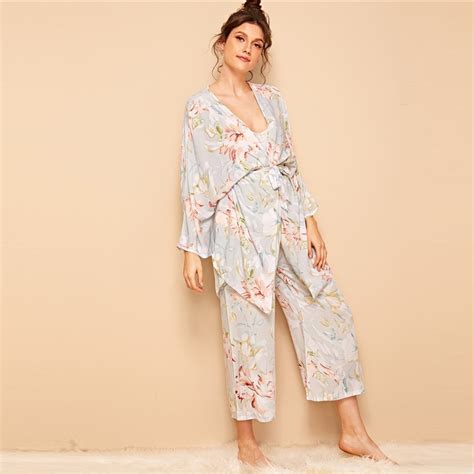 Women Floral Print Cami Pajama Set With Robe Power Day Sale