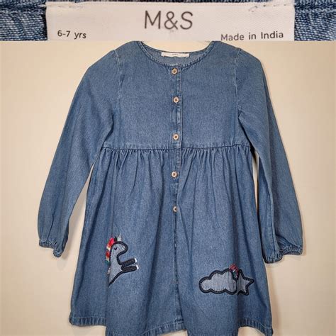 Marks And Spencer Girls Blue Denim Dress Unicorn Rainbow Embroidery Age 6 7 Ebay