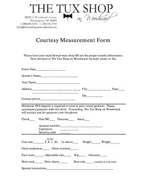 Fillable Online Courtesy Measurement Form The Tux Shop On Woodward