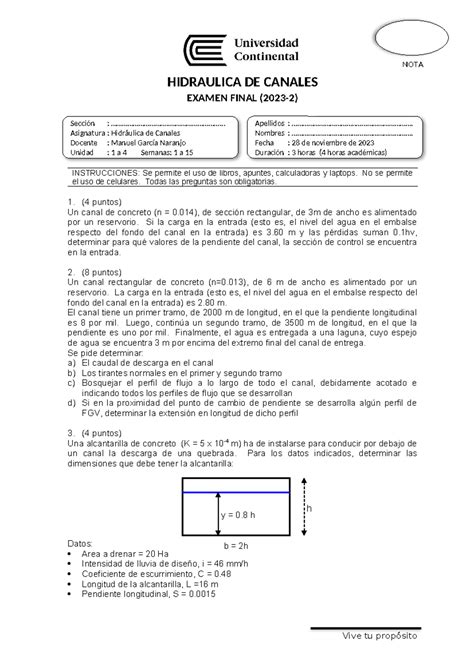 Examen Final De Hidr Ulica De Canales Formato Uc Tema Martes