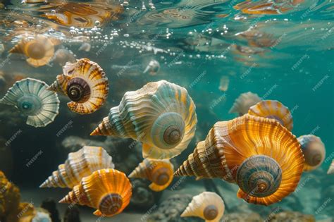 Premium Photo An Underwater Scene Focusing On The Spiral Shells Of