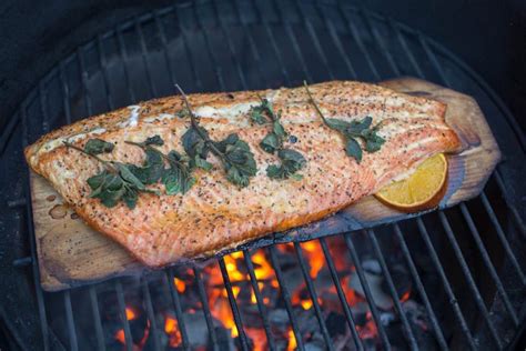 Homemade Grilled Salmon Whole Filet On A Cedar Plank Stock Photo