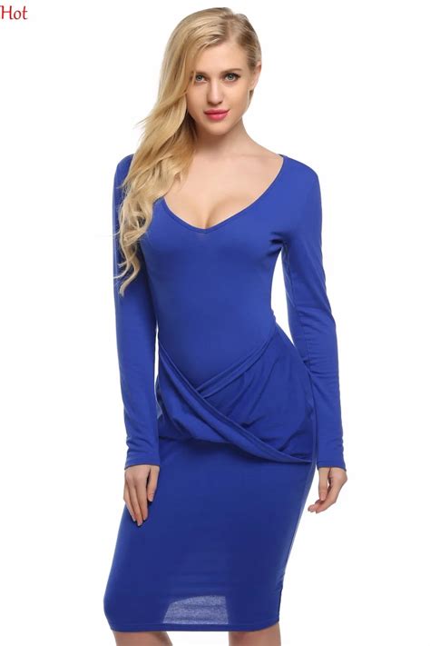 Autumn Winter Women Bodycon Dress V Neck Sexy Long Sleeve Slim Fitted