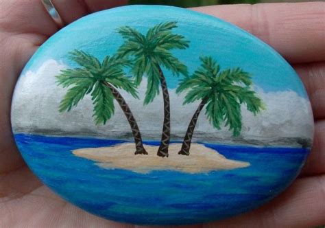 Easy Painted Rocks idea. Beach scene. Palm trees. Sand | Rock painting ...