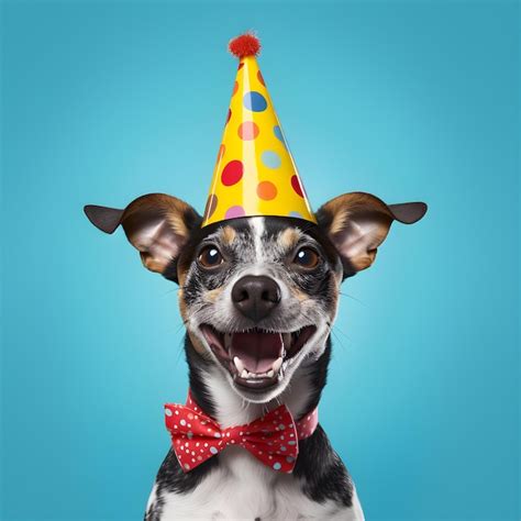 Um cachorro usando um chapéu de festa que diz feliz aniversário Foto