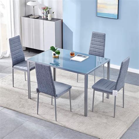 Panana Pcs Modern Glass Dinning Table With Faux Matte Suede Leather