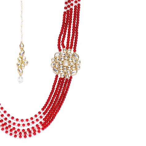 Karatcart Traditional Red And White Beads Gold Plated Handcrafted