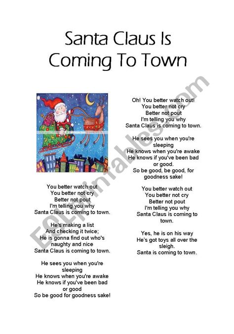 Santa Claus Is Coming To Town Lyrics Esl Worksheet By Mighervil