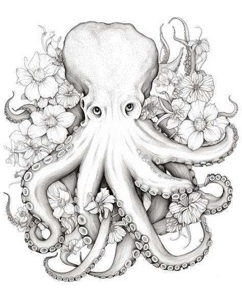 Premium AI Image Octopus With Flowers And Leaves Drawing Generative Ai