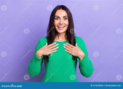 Photo Of Impressed Funky Lady Dressed Green Sweater Arms Chest Smiling