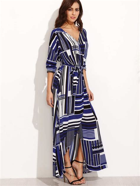 Multicolor Print V Neck Tie Waist Maxi Dress SheIn Sheinside