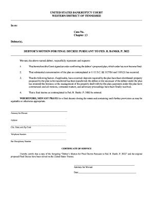 Fillable Online Tnwb Uscourts LF016F Debtor S Motion For Final Decree