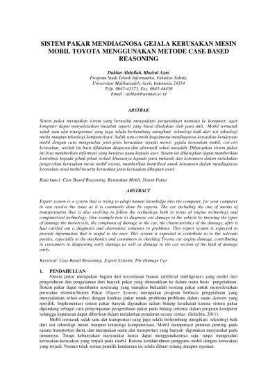 Sistem Pakar Mendiagnosa Gejala Kerusakan Mesin Mobil Toyota Menggunakan Metode Case Based Reasoning