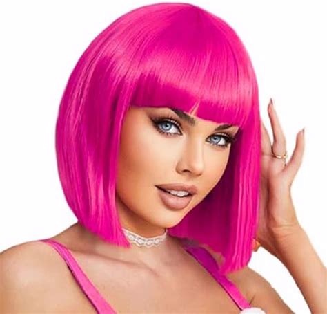 Youniga Hot Pink Bob Wig With Bangs 12 Inch Short Synthetic Fiber Bob Wigs For