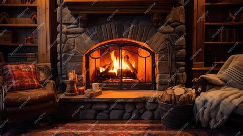 Premium AI Image | A photo of a cozy fireplace in a log cabin warm firelight