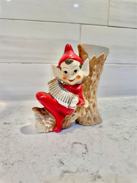 Vintage 1950s Pixie Elf Red Accordion Player Vase Vintage Pixie Elf