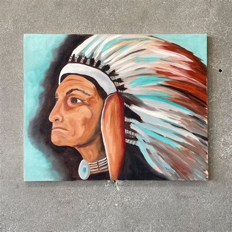 Vintage Oil On Canvas Native American American Chief Painting Etsy