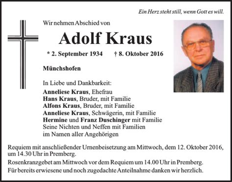 Traueranzeigen Von Adolf Kraus Mittelbayerische Trauer