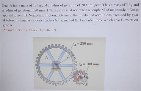 Solved A Gear A Has A Mass Of 10 Kg And A Radius Of Gyration Chegg