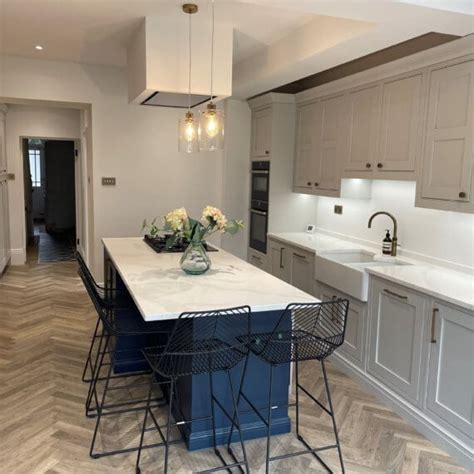 Pale Smoke And Prussian Blue Kitchen Fitted In Hertford Kitchen