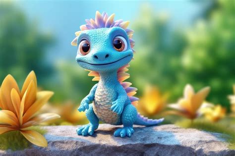 Uma ilustração 3d de lagarto dragão bebê adorável e fofa fica na