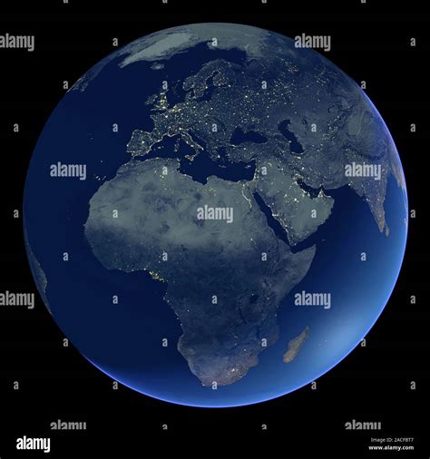 Africa at night. Satellite image of the Earth at night, centred on the ...