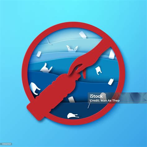 Stop Ocean Plastic Pollution Sign Paper Art Style Stock Illustration