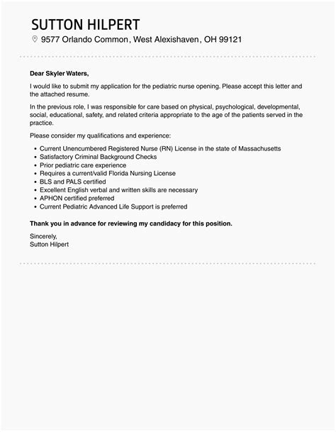 Pediatric Nurse Cover Letter Velvet Jobs