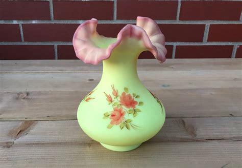 Vintage Fenton Burmese Hand Painted Rose Uranium Custard Glass Etsy