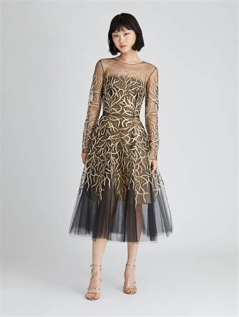 Oscar De La Renta Floral Embroidered Tulle Cocktail Dress In Black Gold