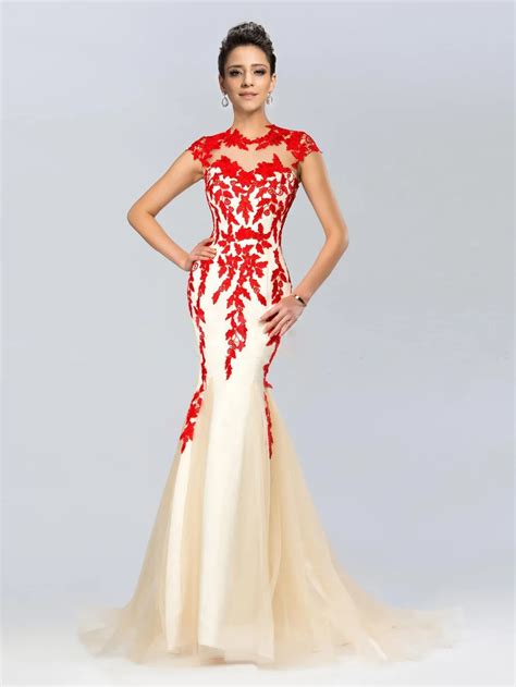 New 2015 Prom Dresses O Neck Cap Sleeve Chinese red Appliques Mermaid ...