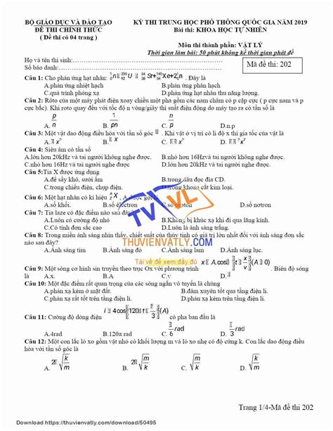 doc Mã đề thi THPT QG số 202 Thư Viện Vật Lý