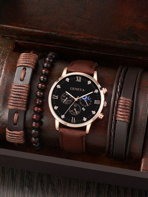 1pc Men Round Pointer Date Quartz Watch 3pcs Bracelet Luxury